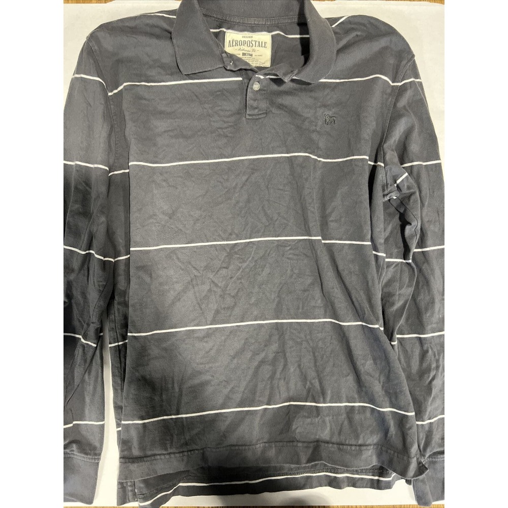 Aeropostale Men's Long Sleeve Grey Striped Polo Shirt XL!! (S1)